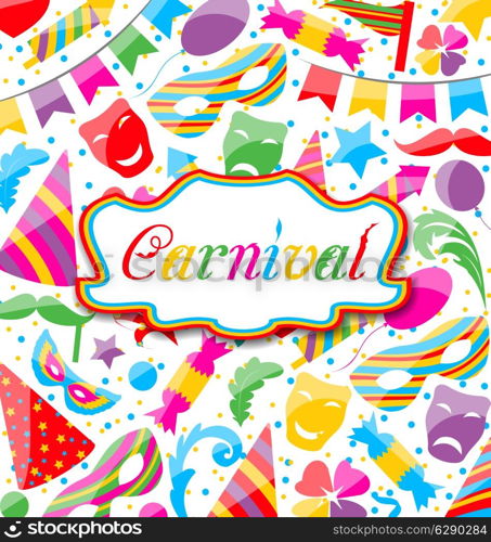 Illustration festive card with carnival and party colorful icons and objects - vector