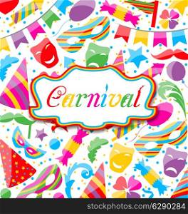 Illustration festive card with carnival and party colorful icons and objects - vector