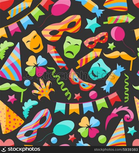 . Illustration Festive Carnival Seamless Wallpaper with Colorful Objects - Vector