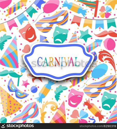 Illustration festive postcard with carnival colorful icons and objects - vector