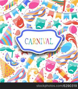 Illustration festive postcard with carnival colorful icons and objects - vector