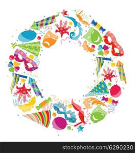 Illustration festive round frame with carnival colorful objects, copy space for your text - vector