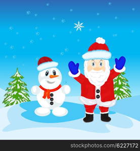 Illustration festive santa and snow person. Festive santa and person molded from snow