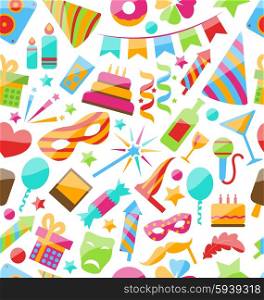 . Illustration Festive Seamless Wallpaper with Carnival and Party Colorful Icons and Objects - Vector
