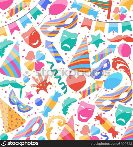 Illustration festive wallpaper with carnival and party colorful icons and objects - vector