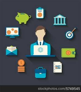 Illustration financial and business icons, flat design - vector