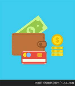 Illustration flat colorful icons of wallet, credit card, dollar, coins - vector