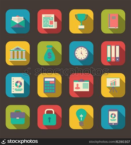Illustration flat colorful icons of web business and financial objects, long shadow style - vector