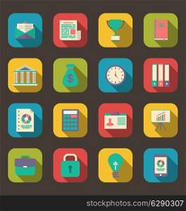 Illustration flat colorful icons of web business and financial objects, long shadow style - vector