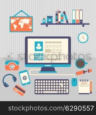 Illustration flat design of modern creative office workspace with computer - vector