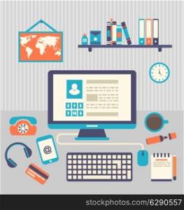 Illustration flat design of modern creative office workspace with computer - vector