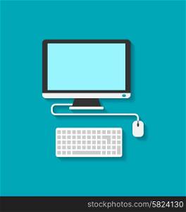 Illustration Flat Icon of Computer PC, Keyboard and Mouse, Modern Style - Vector