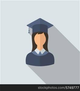 Illustration flat icon of female graduate in graduation hat, minimal style with long shadow - vector