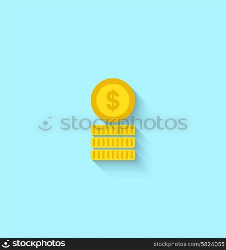 Illustration Flat Icon of Golden Coins with Long Shadow, Modern Style - Vector