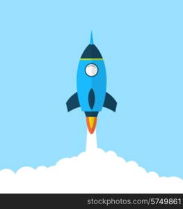 Illustration flat icon of rocket with long shadow style, startup concept - vector