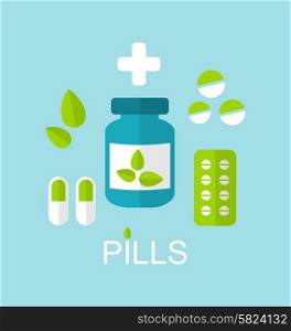 Illustration Flat Icon of Tablets (Pills, Capsules, Drugs) and Leaves, Alternative Medicine - Vector