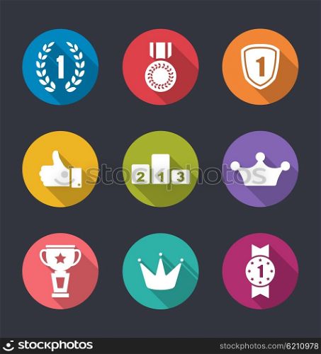 Illustration Flat Icons Collection of Awards and Trophy Signs, Long Shadow Design - Vector