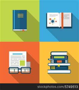Illustration flat icons design of handbooks, books and publish documents, long shadow style - vector