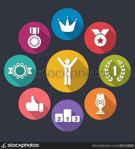 Illustration Flat Icons Group of Awards and Trophy Signs, Long Shadow Design - Vector