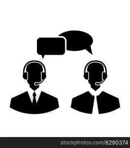 Illustration flat icons of call center silhouette mans operators wearing headsets, people isolated on white background - vector