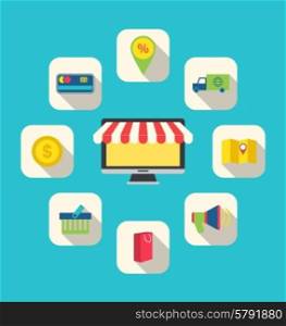 Illustration Flat Icons of E-commerce Shopping Symbols, Online Shop Elements and Commerce Item - Vector