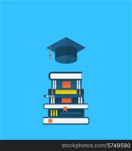 Illustration flat icons of graduation cap and heap textbooks - vector