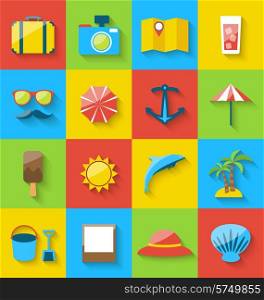 Illustration flat icons of holiday journey, summer pictogram, sea leisure, colorful simple icons with long shadow - vector