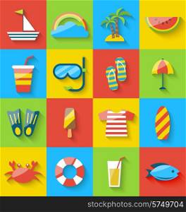 Illustration flat icons of holiday journey, summer symbols, sea leisure, colorful minimalist icons with long shadow - vector