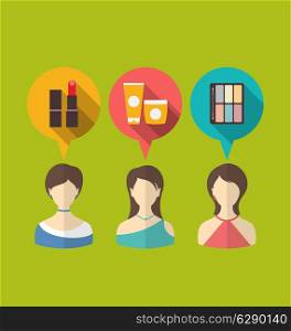 Illustration flat icons of three woman with speech and thought bubbles - vector