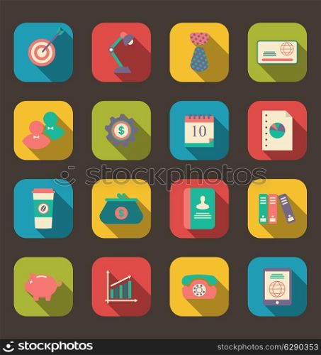 Illustration flat icons of web design objects, business and office items, long shadow style - vector