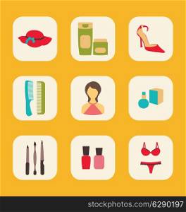 Illustration flat icons set with a central woman surrounded by hat, creams, shoes, hairbrushes, perfume, tools for manicure, nail polishes and underwear - vector