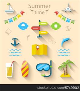 Illustration flat modern design set icons of travel on holiday journey, tourism objects and equipment - vector