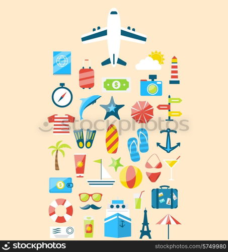 Illustration flat modern design set icons of travel on holiday journey, tourism objects and equipment - vector