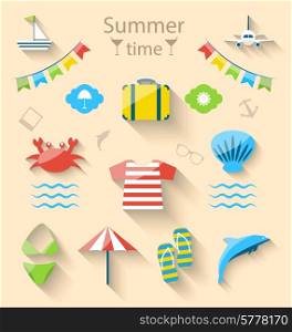 Illustration Flat Modern Design Set Icons of Travel on Holiday Journey, Tourism Objects and Equipment - Vector