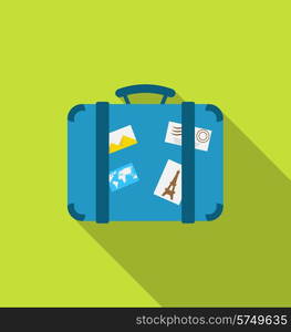 Illustration flat modern icon of handle baggage with funky stickers and photoframes, long shadow design - vector