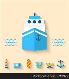 Illustration flat set icons of cruise holidays and journey vacation, minimal style with long shadow - vector
