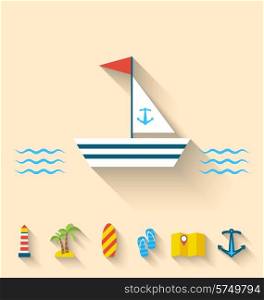 Illustration flat set icons of cruise holidays and journey vacation, simple style with long shadow - vector