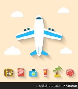 Illustration flat set icons of planning summer vacation, minimal style with long shadow - vector