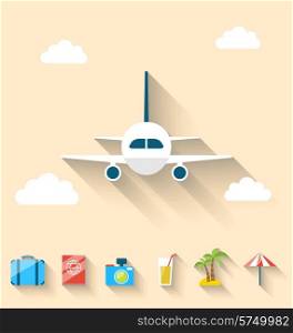 Illustration flat set icons of planning summer vacation, simple style with long shadow - vector