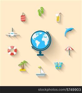 Illustration flat set icons tourism objects and equipment with globe, long shadow style - vector