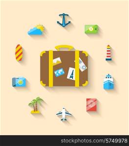 Illustration flat set icons tourism objects and equipment with suitcase, long shadow style - vector
