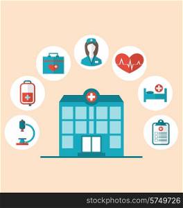 Illustration flat trendy icons of hospital and another medical objects, modern flat style - vector