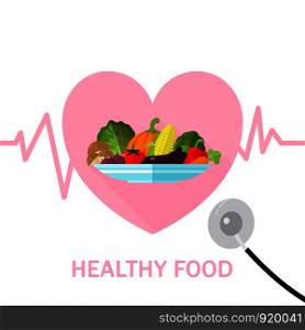 Illustration Flat Vegetable on a plate minimal style , Heart shape with heartbeat wave and stethoscope, Healthy food vector , raw materials for cooking , organic vegetable , health care concept
