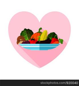 Illustration Flat Vegetable on a plate minimal style with Heart shape, Healthy food vector , raw materials for cooking , organic vegetable , health care concept