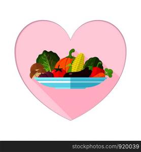 Illustration Flat Vegetable on a plate minimal style with Paper Art Heart shape, Healthy food vector , raw materials for cooking , organic vegetable , health care concept