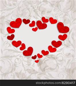 Illustration floral background with crumpled paper hearts for Valentines Day - vector