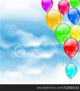 Illustration flying colourful balloons in blue sky - vector