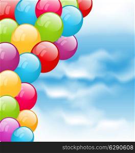 Illustration flying colourful balloons in blue sky - vector