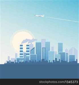 Illustration Flying Plane over Metropolis Building. View Panorama Modern City. Landscape Industrial District. Business Center Company. Office Building. Silhouette Cityscape against Rising Sun