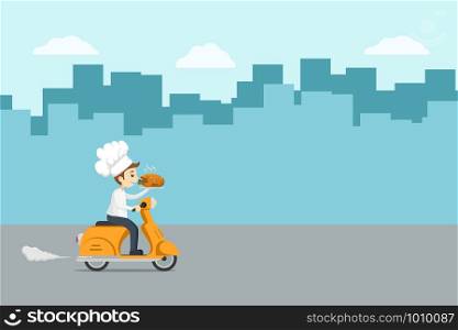 Illustration Food Delivery Chef Ride Motorcycle Service Cute character , Order many branches Worldwide Shipping , Fast and Free Transport , food express , vector cartoon shopping online